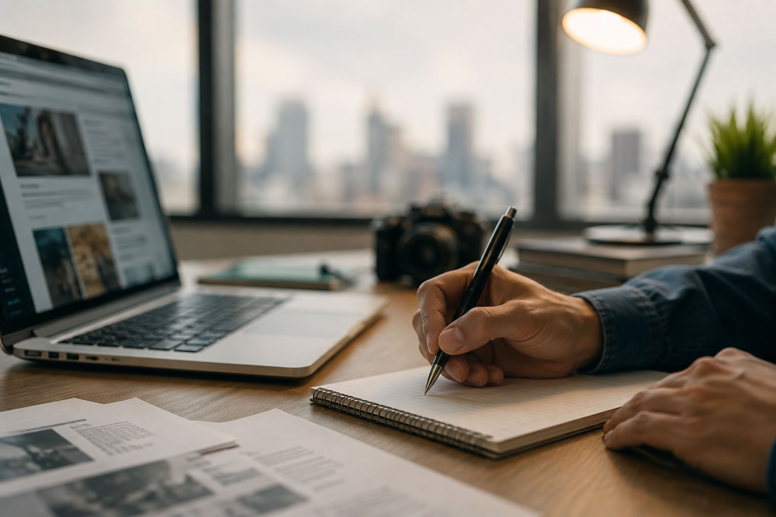 Editor writing notes beside a laptop