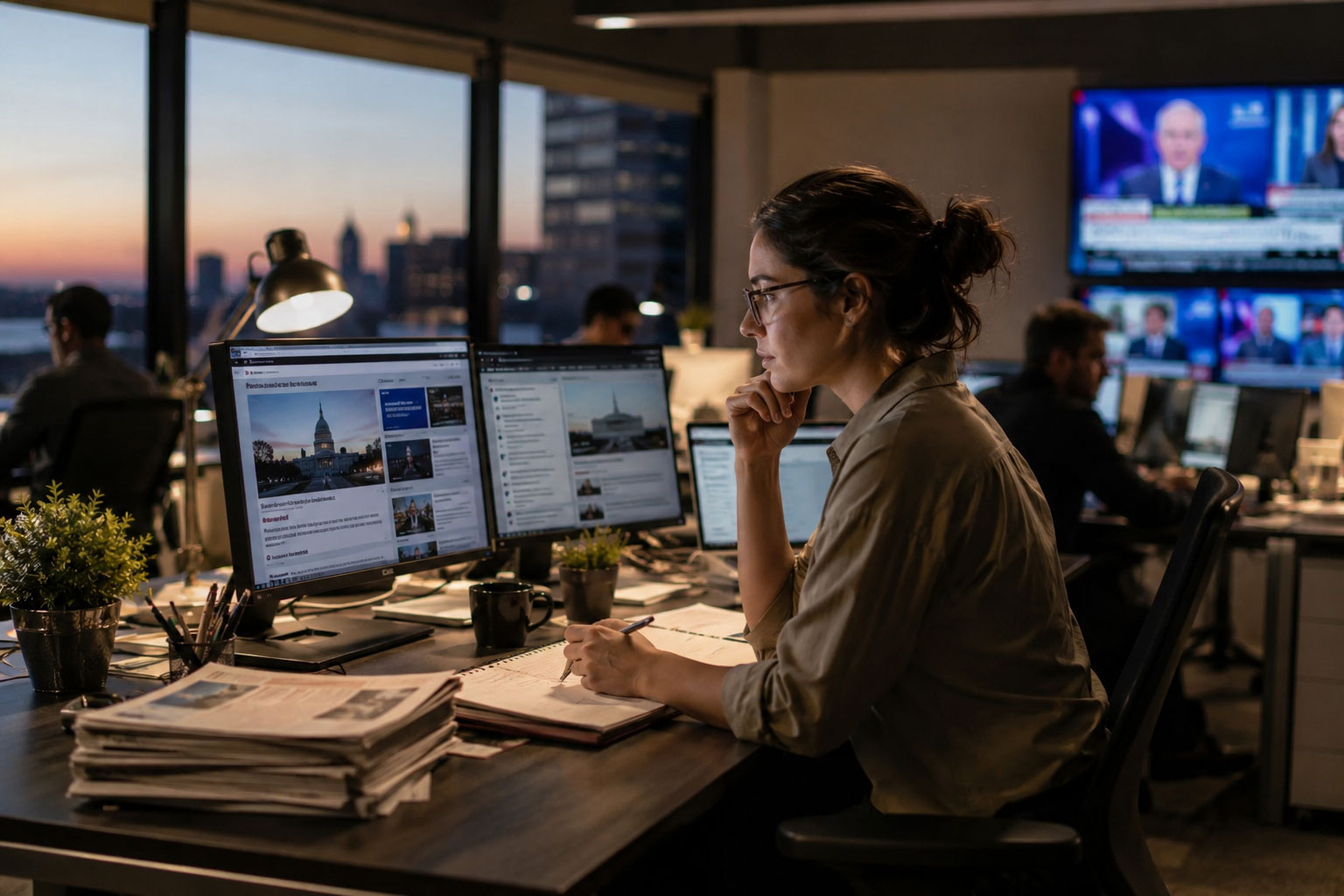 Newsroom editors reviewing national stories